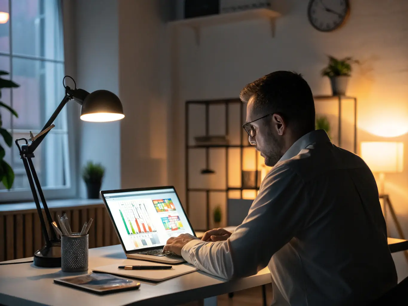 A professional consultant analyzing data on a laptop, with charts and graphs visible in the background, representing THRYONIXTECH LTD's data analytics expertise.