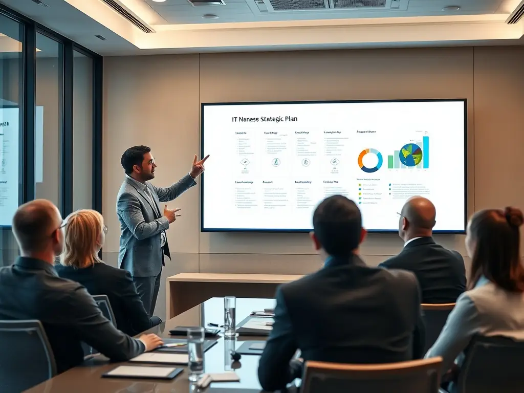 An image of a consultant presenting an IT strategy plan to a group of executives, representing THRYONIXTECH LTD's IT Strategy Development service.