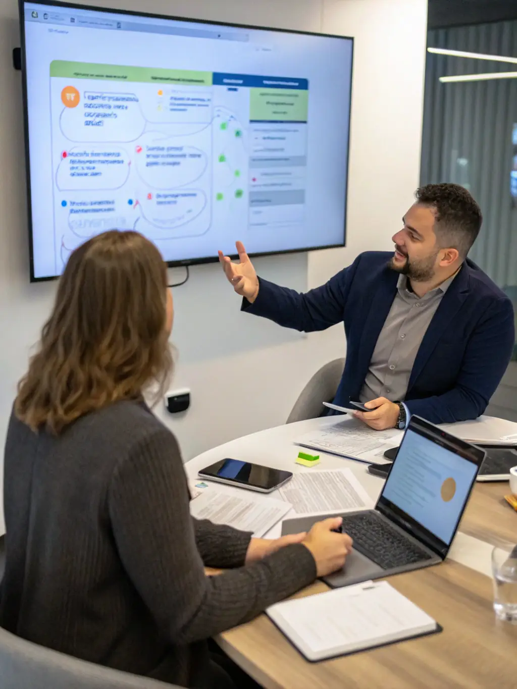 A consultant is presenting a digital transformation strategy to a client in a modern office setting, emphasizing the integration of new technologies.